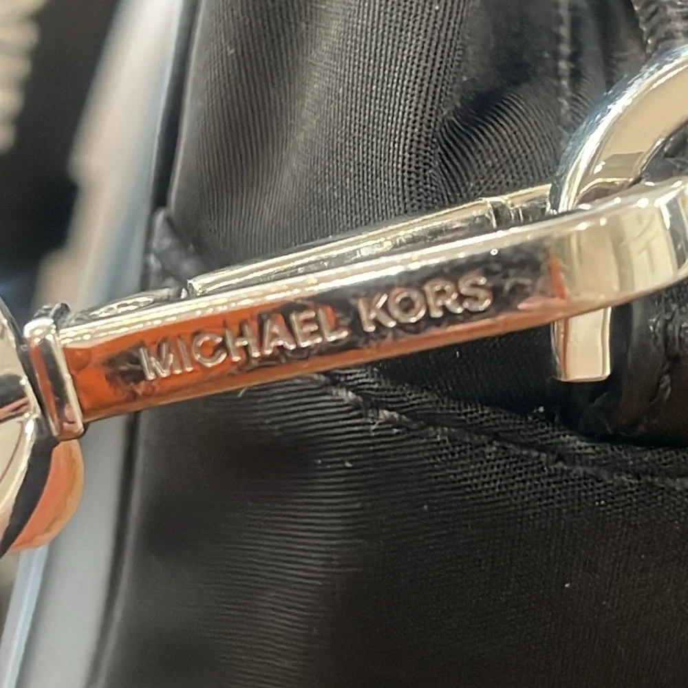 Michael Kors black white nylon camera crossbody bag webbing logo strap